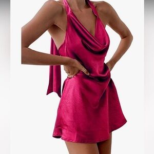 Cantonwalker Women's Sz M Cowl Neck Halterneck Slip On Backless Satin Mini Dress